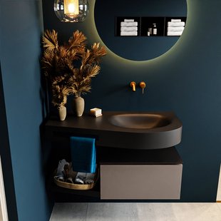 MONDIAZ RIVA 100cm badmeubel onderkast / planchet kleur Smoke met 1 lade. Wastafel DULCET rechts 0 kraangaten kleur Urban.