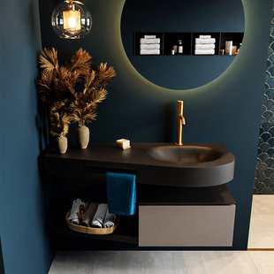 MONDIAZ RIVA 120cm badmeubel onderkast / planchet kleur Smoke met 1 lade. Wastafel DULCET rechts 1 kraangat kleur Urban.