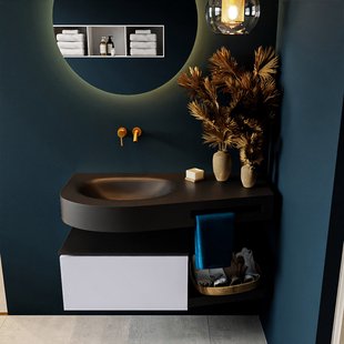 MONDIAZ RIVA 100cm badmeubel onderkast / planchet kleur Cale met 1 lade. Wastafel DULCET links 0 kraangaten kleur Urban.
