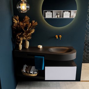 MONDIAZ RIVA 120cm badmeubel onderkast / planchet kleur Cale met 1 lade. Wastafel DULCET rechts 0 kraangaten kleur Urban.