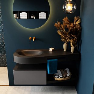 MONDIAZ RIVA 120cm badmeubel onderkast / planchet kleur Dark_Grey met 1 lade. Wastafel DULCET links 0 kraangaten kleur Urban.