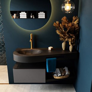 MONDIAZ RIVA 120cm badmeubel onderkast / planchet kleur Dark_Grey met 1 lade. Wastafel DULCET links 1 kraangat kleur Urban.