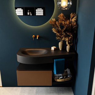 MONDIAZ RIVA 100cm badmeubel onderkast / planchet kleur Rust met 1 lade. Wastafel DULCET links 0 kraangaten kleur Urban.