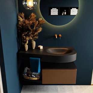 MONDIAZ RIVA 100cm badmeubel onderkast / planchet kleur Rust met 1 lade. Wastafel DULCET rechts 0 kraangaten kleur Urban.