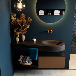 MONDIAZ RIVA 120cm badmeubel onderkast / planchet kleur Rust met 1 lade. Wastafel DULCET rechts 0 kraangaten kleur Urban.