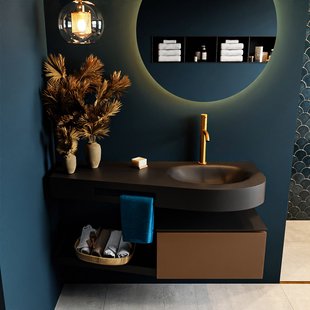 MONDIAZ RIVA 120cm badmeubel onderkast / planchet kleur Rust met 1 lade. Wastafel DULCET rechts 1 kraangat kleur Urban.