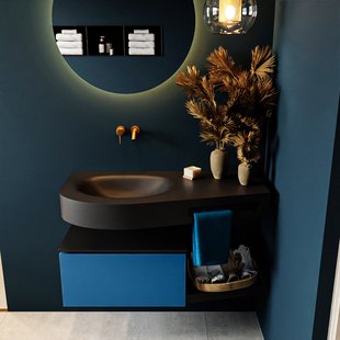MONDIAZ RIVA 100cm badmeubel onderkast / planchet kleur Jeans met 1 lade. Wastafel DULCET links 0 kraangaten kleur Urban.