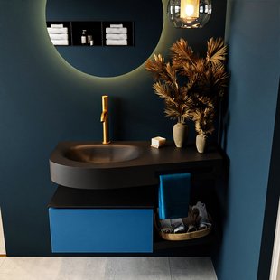 MONDIAZ RIVA 100cm badmeubel onderkast / planchet kleur Jeans met 1 lade. Wastafel DULCET links 1 kraangat kleur Urban.