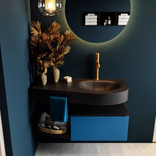 MONDIAZ RIVA 100cm badmeubel onderkast / planchet kleur Jeans met 1 lade. Wastafel DULCET rechts 1 kraangat kleur Urban.