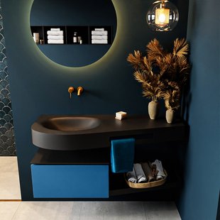 MONDIAZ RIVA 120cm badmeubel onderkast / planchet kleur Jeans met 1 lade. Wastafel DULCET links 0 kraangaten kleur Urban.