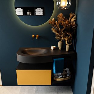 MONDIAZ RIVA 100cm badmeubel onderkast / planchet kleur Ocher met 1 lade. Wastafel DULCET links 0 kraangaten kleur Urban.