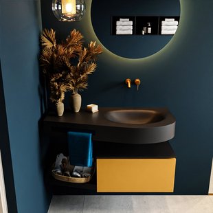 MONDIAZ RIVA 100cm badmeubel onderkast / planchet kleur Ocher met 1 lade. Wastafel DULCET rechts 0 kraangaten kleur Urban.