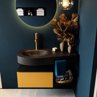 MONDIAZ RIVA 100cm badmeubel onderkast / planchet kleur Ocher met 1 lade. Wastafel DULCET links 1 kraangat kleur Urban.