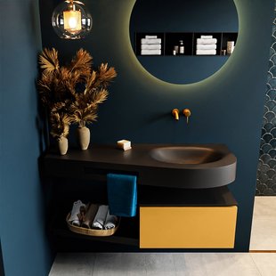 MONDIAZ RIVA 120cm badmeubel onderkast / planchet kleur Ocher met 1 lade. Wastafel DULCET rechts 0 kraangaten kleur Urban.