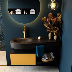 MONDIAZ RIVA 120cm badmeubel onderkast / planchet kleur Ocher met 1 lade. Wastafel DULCET links 1 kraangat kleur Urban.