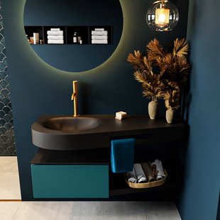 MONDIAZ RIVA 120cm badmeubel onderkast / planchet kleur Smag met 1 lade. Wastafel DULCET links 1 kraangat kleur Urban.