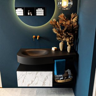 MONDIAZ RIVA 100cm badmeubel onderkast / planchet kleur carrara met 1 lade. Wastafel DULCET links 0 kraangaten kleur Urban.
