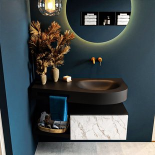 MONDIAZ RIVA 100cm badmeubel onderkast / planchet kleur carrara met 1 lade. Wastafel DULCET rechts 0 kraangaten kleur Urban.