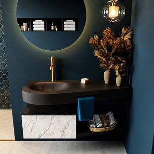 MONDIAZ RIVA 120cm badmeubel onderkast / planchet kleur carrara met 1 lade. Wastafel DULCET links 1 kraangat kleur Urban.