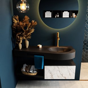 MONDIAZ RIVA 120cm badmeubel onderkast / planchet kleur carrara met 1 lade. Wastafel DULCET rechts 1 kraangat kleur Urban.