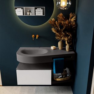 MONDIAZ RIVA 100cm badmeubel onderkast / planchet kleur Talc met 1 lade. Wastafel DULCET links 0 kraangaten kleur Dark_Grey.