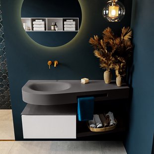 MONDIAZ RIVA 120cm badmeubel onderkast / planchet kleur Talc met 1 lade. Wastafel DULCET links 0 kraangaten kleur Dark_Grey.