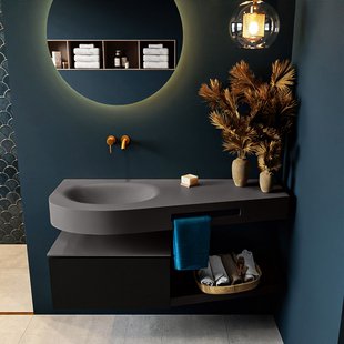MONDIAZ RIVA 120cm badmeubel onderkast / planchet kleur Urban met 1 lade. Wastafel DULCET links 0 kraangaten kleur Dark_Grey.