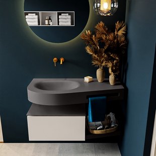 MONDIAZ RIVA 100cm badmeubel onderkast / planchet kleur Linen met 1 lade. Wastafel DULCET links 0 kraangaten kleur Dark_Grey.