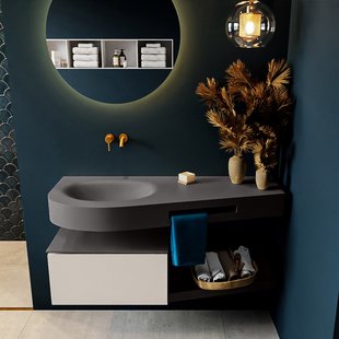 MONDIAZ RIVA 120cm badmeubel onderkast / planchet kleur Linen met 1 lade. Wastafel DULCET links 0 kraangaten kleur Dark_Grey.