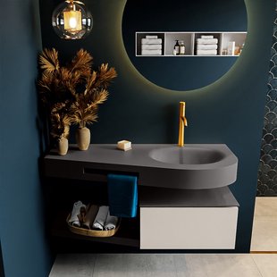 MONDIAZ RIVA 120cm badmeubel onderkast / planchet kleur Linen met 1 lade. Wastafel DULCET rechts 1 kraangat kleur Dark_Grey.