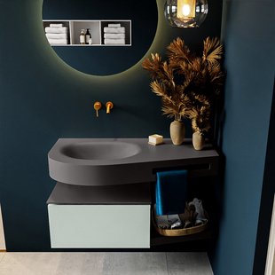 MONDIAZ RIVA 100cm badmeubel onderkast / planchet kleur Greey met 1 lade. Wastafel DULCET links 0 kraangaten kleur Dark_Grey.