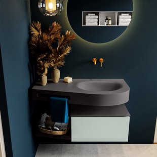 MONDIAZ RIVA 100cm badmeubel onderkast / planchet kleur Greey met 1 lade. Wastafel DULCET rechts 0 kraangaten kleur Dark_Grey.