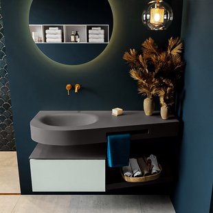 MONDIAZ RIVA 120cm badmeubel onderkast / planchet kleur Greey met 1 lade. Wastafel DULCET links 0 kraangaten kleur Dark_Grey.
