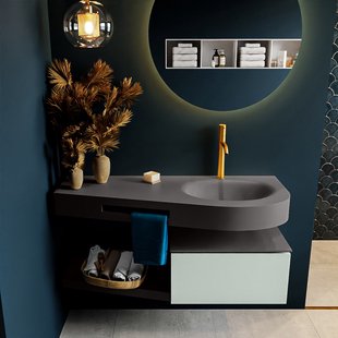 MONDIAZ RIVA 120cm badmeubel onderkast / planchet kleur Greey met 1 lade. Wastafel DULCET rechts 1 kraangat kleur Dark_Grey.