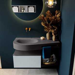 MONDIAZ RIVA 100cm badmeubel onderkast / planchet kleur Clay met 1 lade. Wastafel DULCET links 0 kraangaten kleur Dark_Grey.