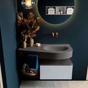 MONDIAZ RIVA 100cm badmeubel onderkast / planchet kleur Clay met 1 lade. Wastafel DULCET rechts 0 kraangaten kleur Dark_Grey.