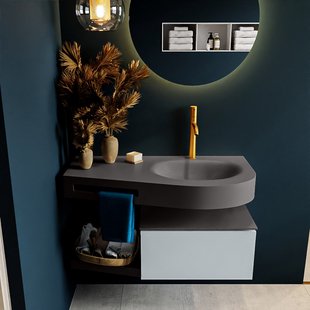 MONDIAZ RIVA 100cm badmeubel onderkast / planchet kleur Clay met 1 lade. Wastafel DULCET rechts 1 kraangat kleur Dark_Grey.