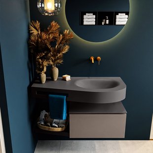 MONDIAZ RIVA 100cm badmeubel onderkast / planchet kleur Smoke met 1 lade. Wastafel DULCET rechts 0 kraangaten kleur Dark_Grey.