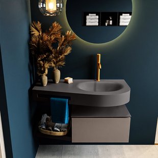 MONDIAZ RIVA 100cm badmeubel onderkast / planchet kleur Smoke met 1 lade. Wastafel DULCET rechts 1 kraangat kleur Dark_Grey.