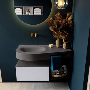MONDIAZ RIVA 100cm badmeubel onderkast / planchet kleur Cale met 1 lade. Wastafel DULCET links 0 kraangaten kleur Dark_Grey.