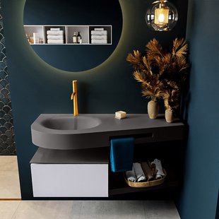 MONDIAZ RIVA 120cm badmeubel onderkast / planchet kleur Cale met 1 lade. Wastafel DULCET links 1 kraangat kleur Dark_Grey.