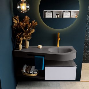 MONDIAZ RIVA 120cm badmeubel onderkast / planchet kleur Cale met 1 lade. Wastafel DULCET rechts 1 kraangat kleur Dark_Grey.