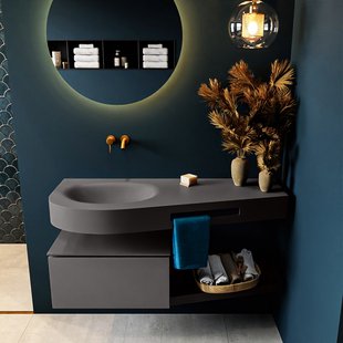 MONDIAZ RIVA 120cm badmeubel onderkast / planchet kleur Dark_Grey met 1 lade. Wastafel DULCET links 0 kraangaten kleur Dark_Grey.