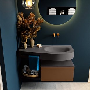 MONDIAZ RIVA 100cm badmeubel onderkast / planchet kleur Rust met 1 lade. Wastafel DULCET rechts 0 kraangaten kleur Dark_Grey.