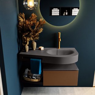 MONDIAZ RIVA 100cm badmeubel onderkast / planchet kleur Rust met 1 lade. Wastafel DULCET rechts 1 kraangat kleur Dark_Grey.