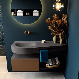 MONDIAZ RIVA 120cm badmeubel onderkast / planchet kleur Rust met 1 lade. Wastafel DULCET links 0 kraangaten kleur Dark_Grey.