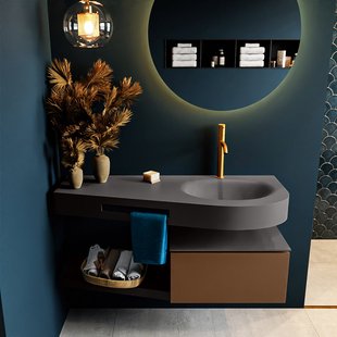 MONDIAZ RIVA 120cm badmeubel onderkast / planchet kleur Rust met 1 lade. Wastafel DULCET rechts 1 kraangat kleur Dark_Grey.