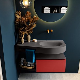 MONDIAZ RIVA 100cm badmeubel onderkast / planchet kleur Fire met 1 lade. Wastafel DULCET rechts 0 kraangaten kleur Dark_Grey.