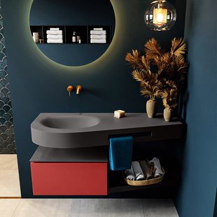 MONDIAZ RIVA 120cm badmeubel onderkast / planchet kleur Fire met 1 lade. Wastafel DULCET links 0 kraangaten kleur Dark_Grey.