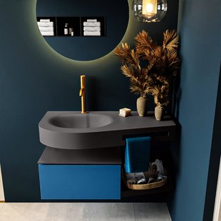 MONDIAZ RIVA 100cm badmeubel onderkast / planchet kleur Jeans met 1 lade. Wastafel DULCET links 1 kraangat kleur Dark_Grey.